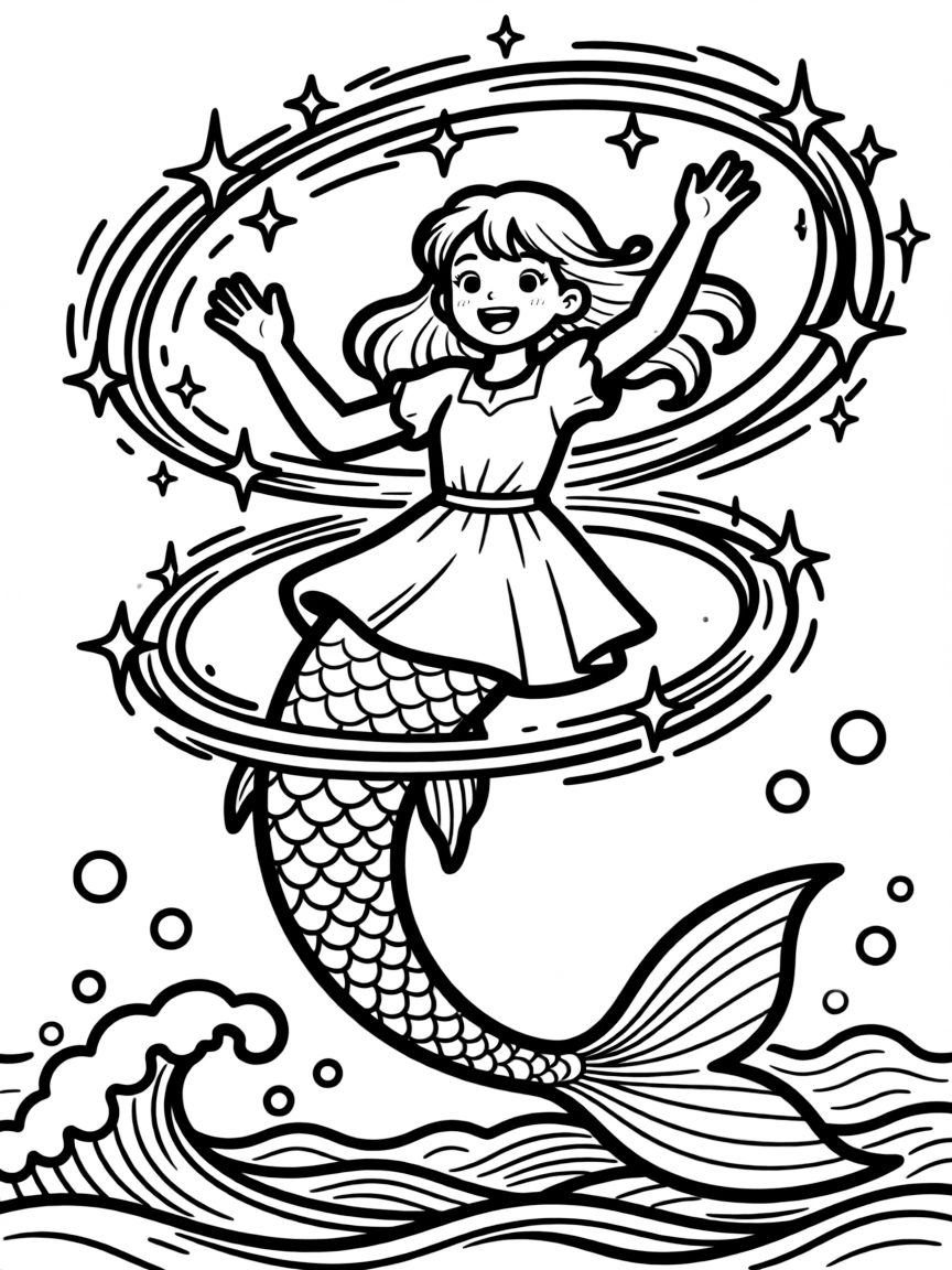 Magical transformation scene of human turning into mermaid with swirling magic