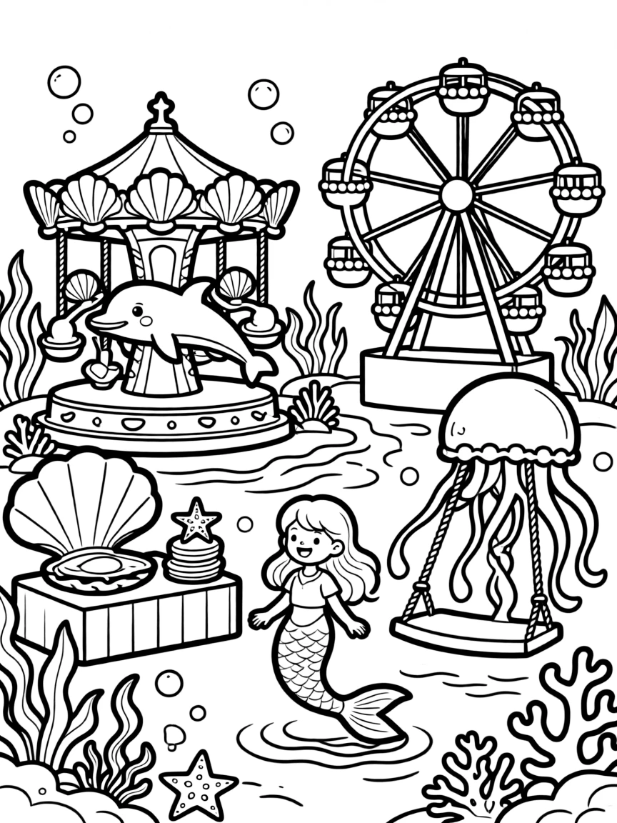 Underwater mermaid carnival with rides made from sea creatures and shell games