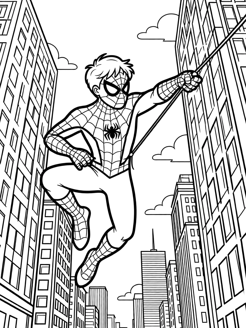 Spider-Man swinging between skyscrapers with his web