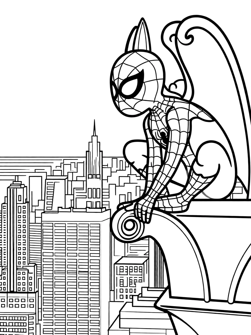 Spider-Man perched on a gargoyle overlooking New York City