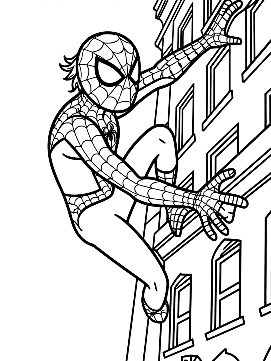 Spider-Man climbing up the side of a tall building