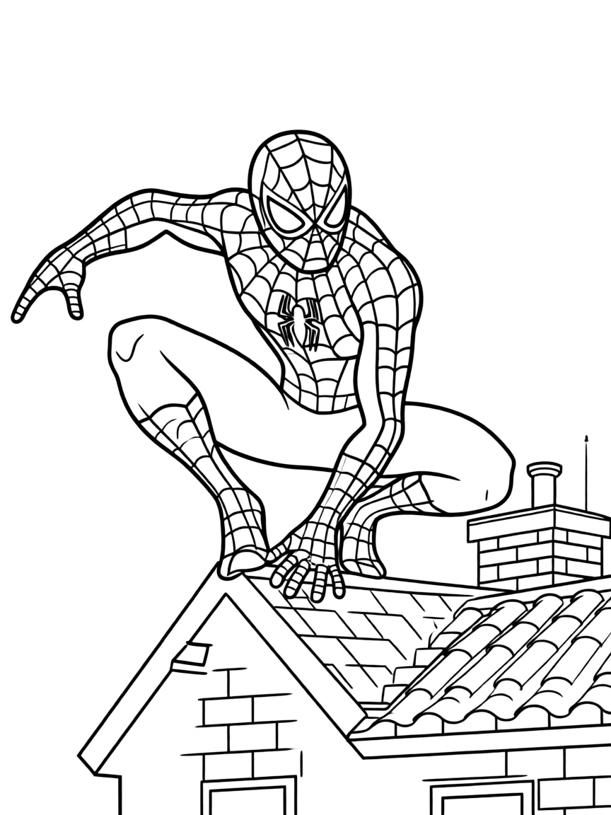 Spider-Man in his classic crouching pose on a rooftop