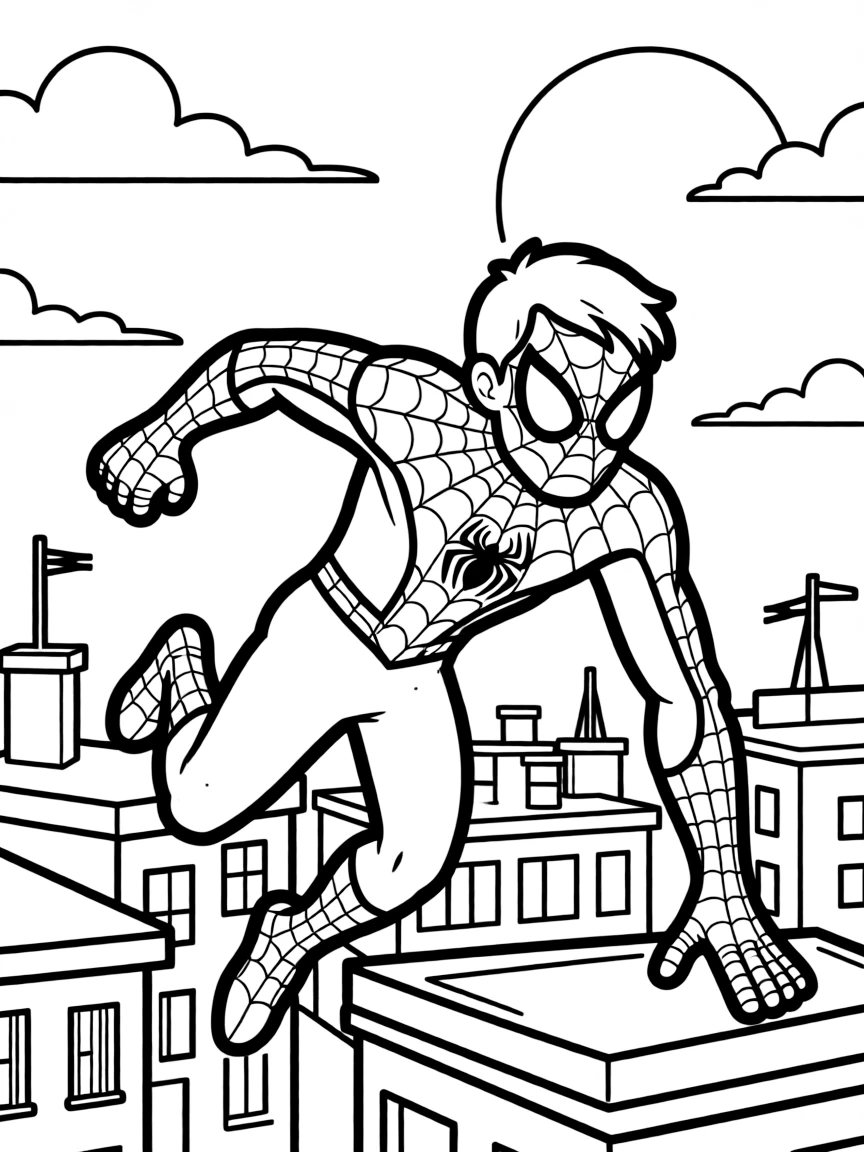 Spider-Man running across rooftops at sunset