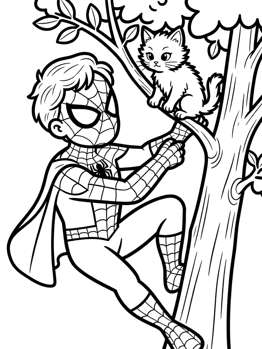 Spider-Man rescuing a cat from a tree