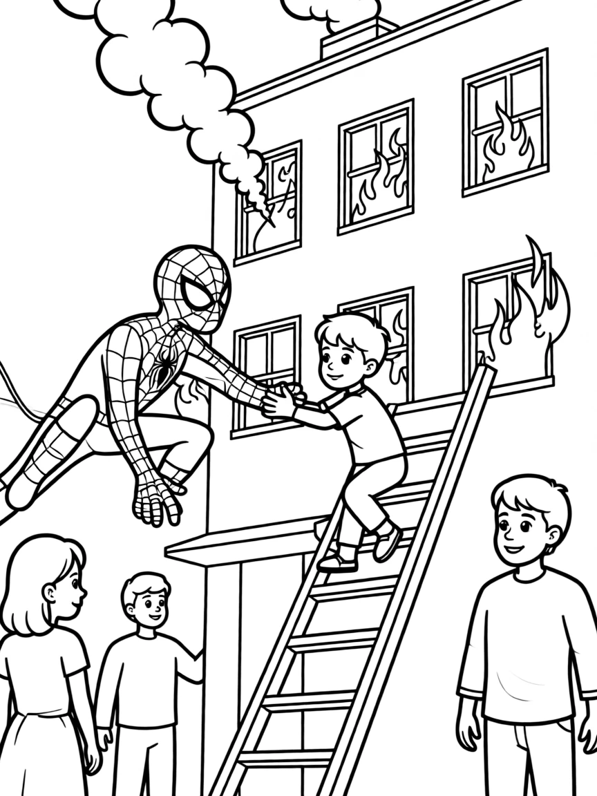 Spider-Man helping people evacuate a burning building