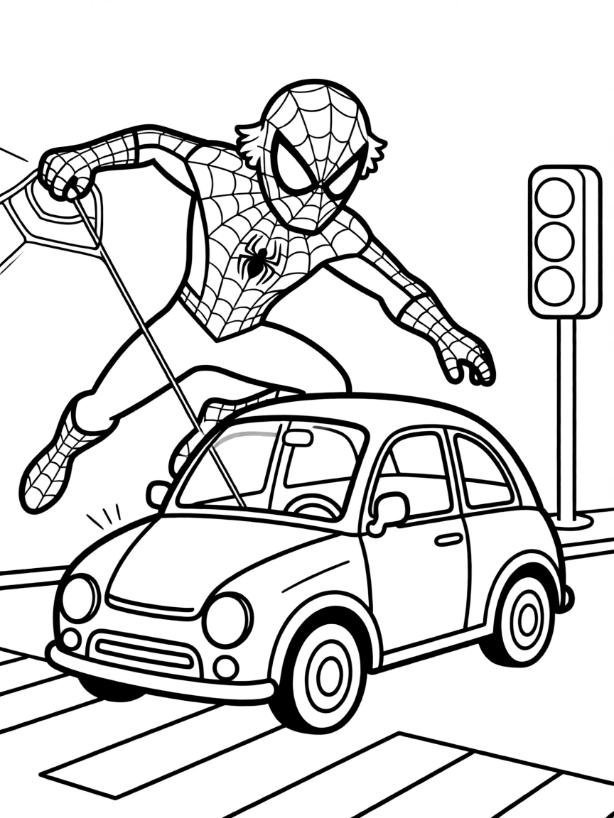 Spider-Man preventing a car accident