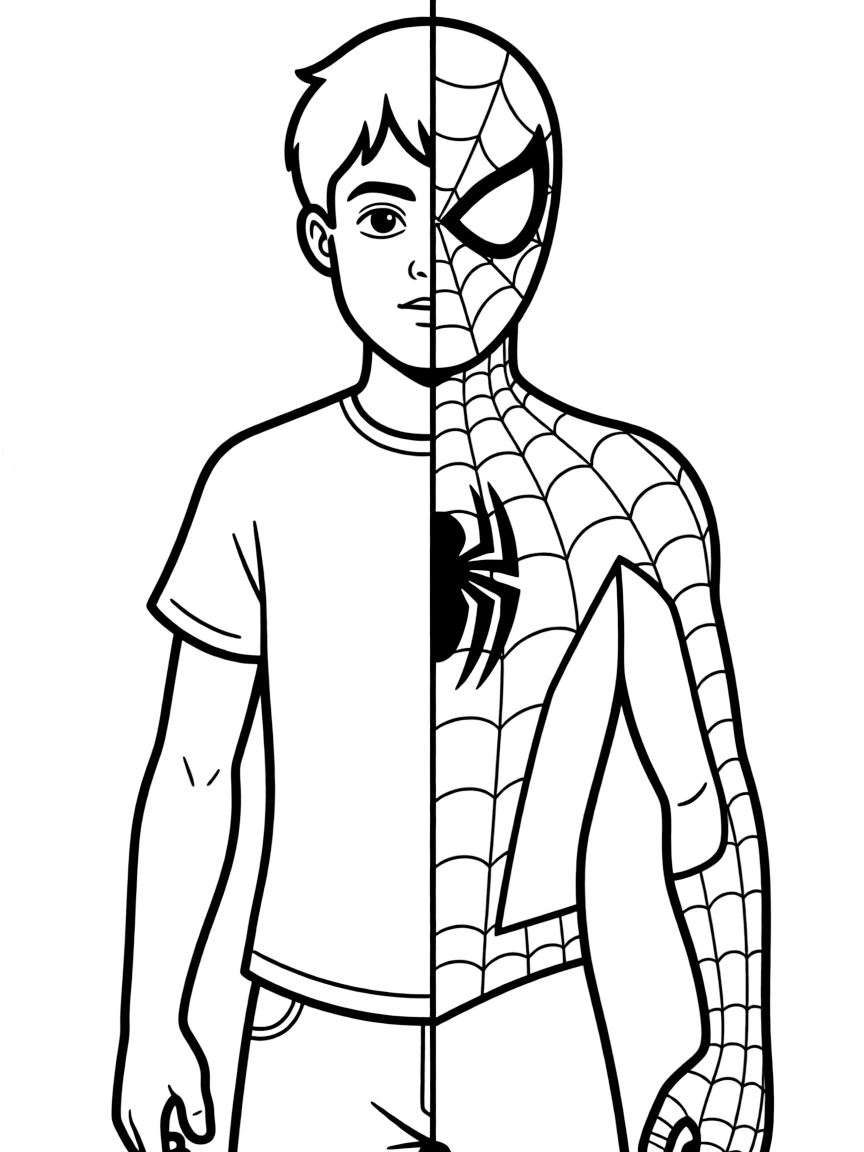 Peter Parker transforming into Spider-Man (half Peter, half Spider-Man)