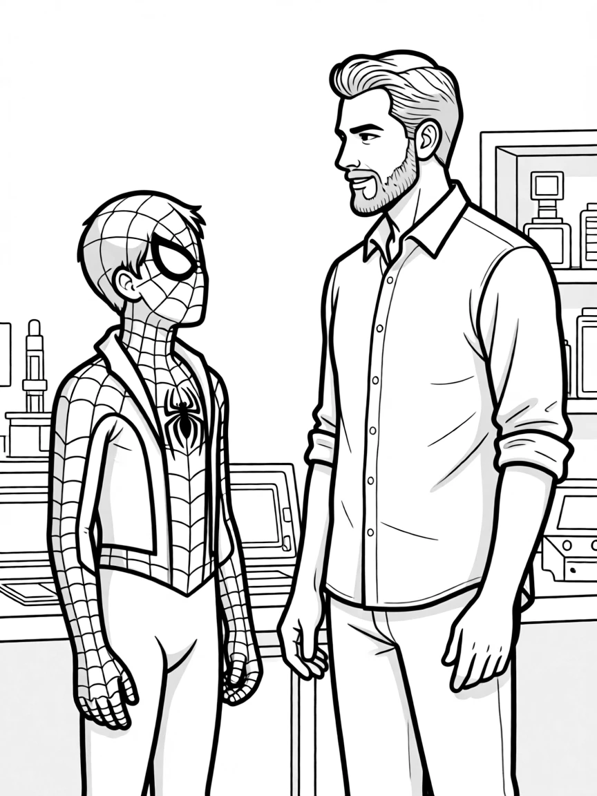 Spider-Man talking with his mentor Tony Stark/Iron Man