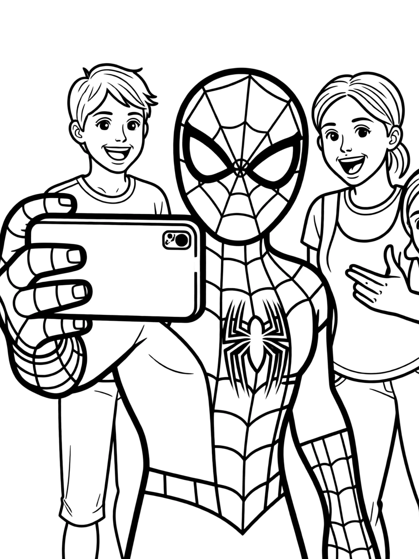 Spider-Man taking a selfie with fans