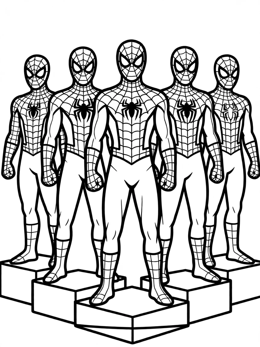 Multiple Spider-Man suits displayed together from different universes