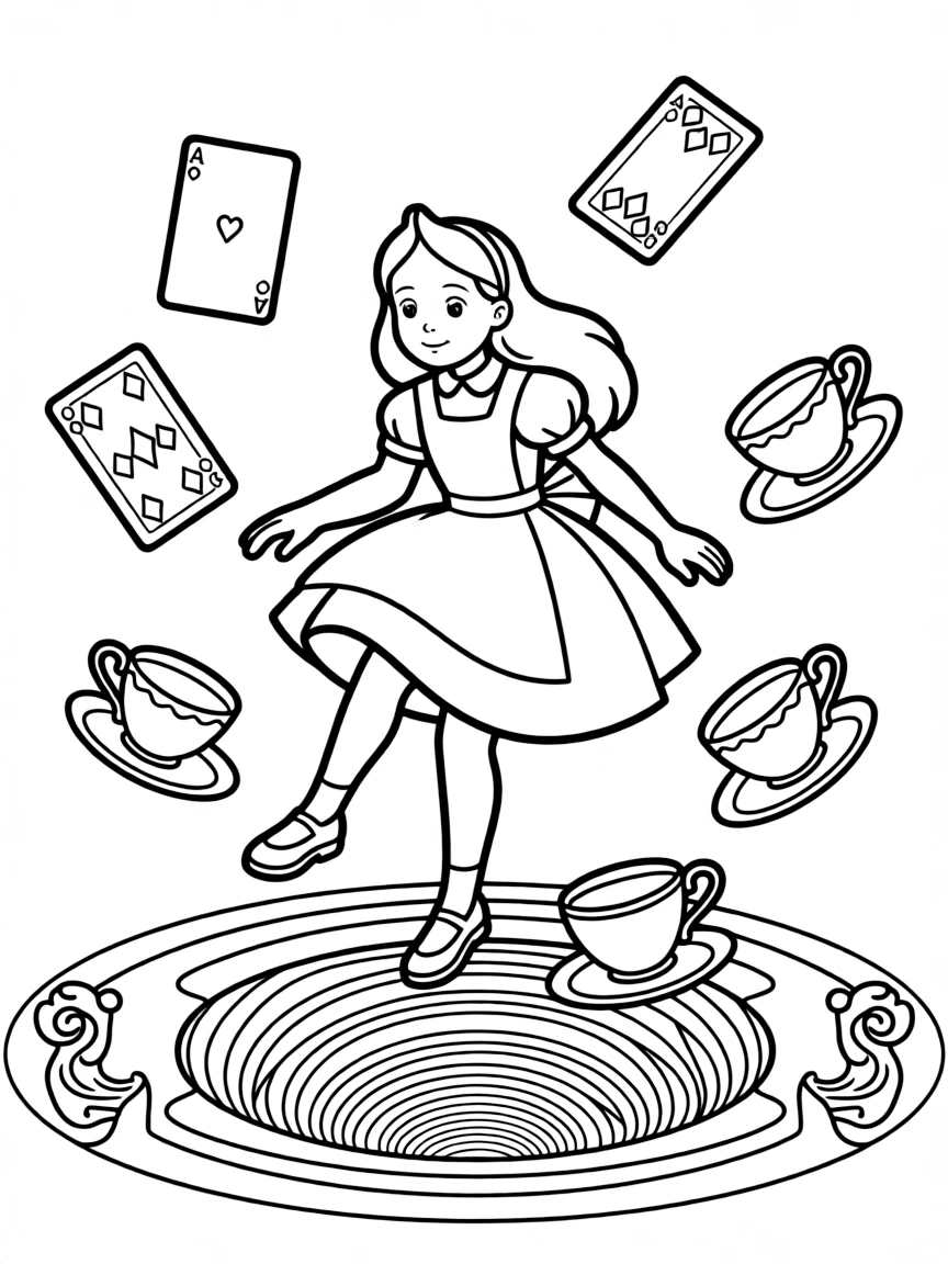 Alice from "Alice's Adventures in Wonderland" falling down the rabbit hole, surrounded by floating playing cards and teacups