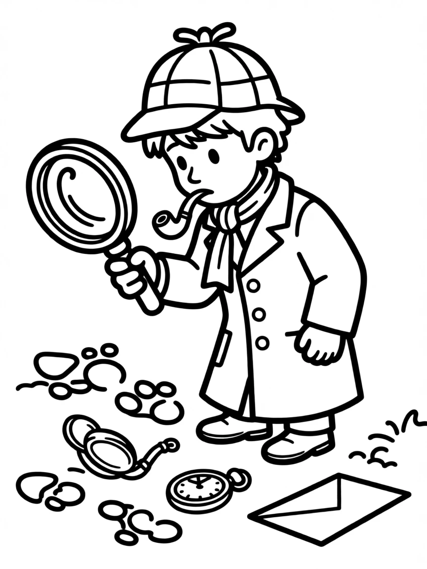 Sherlock Holmes in his deerstalker hat examining clues with his magnifying glass, pipe in mouth