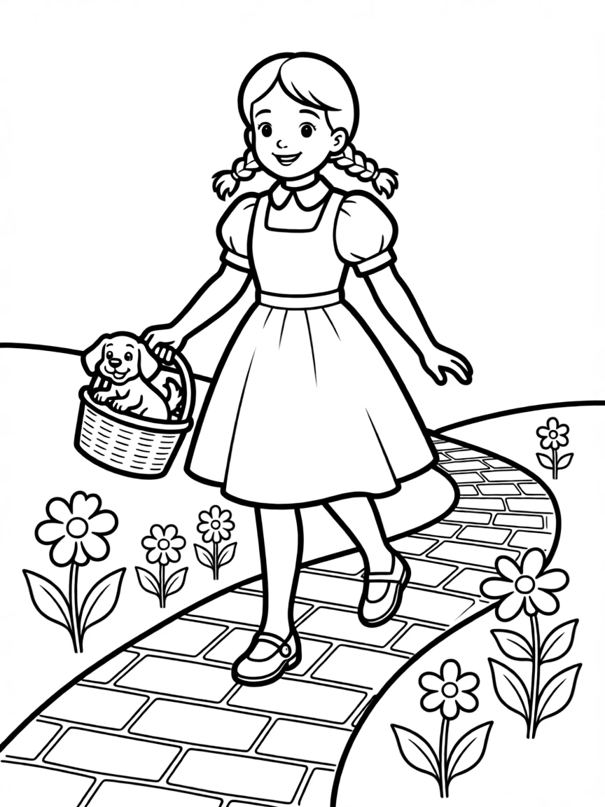 Dorothy from "The Wizard of Oz" skipping along the yellow brick road with Toto in her basket