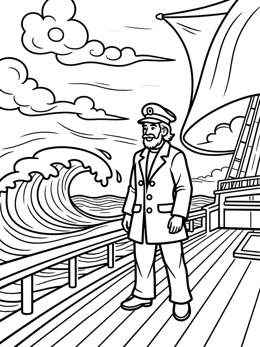 Captain Ahab from "Moby Dick" standing on the deck of the Pequod during a storm