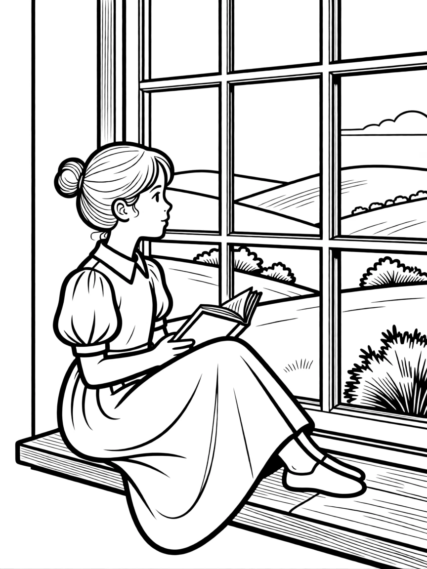 Jane Eyre sitting by a window with a book, overlooking the moors in the distance