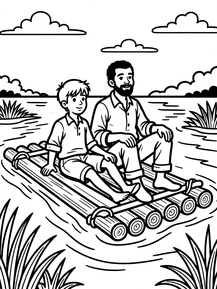 Huckleberry Finn and Jim floating down the Mississippi River on their raft
