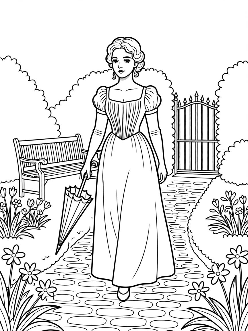 Elizabeth Bennet from "Pride and Prejudice" walking through an English garden in Regency dress