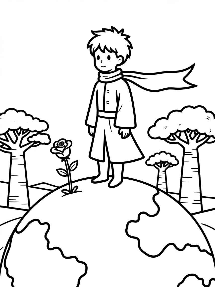 The Little Prince standing on his tiny planet with his rose and baobab trees