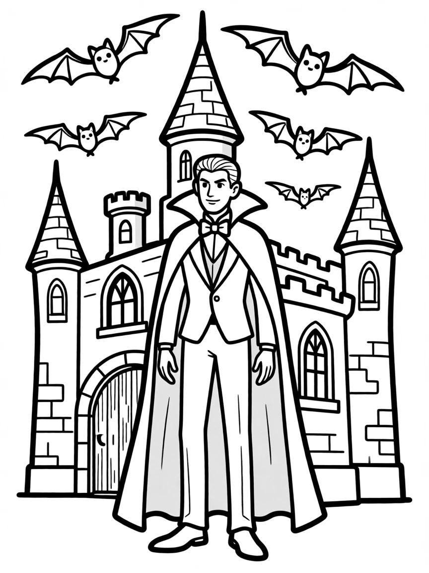Count Dracula emerging from his castle with bats flying overhead