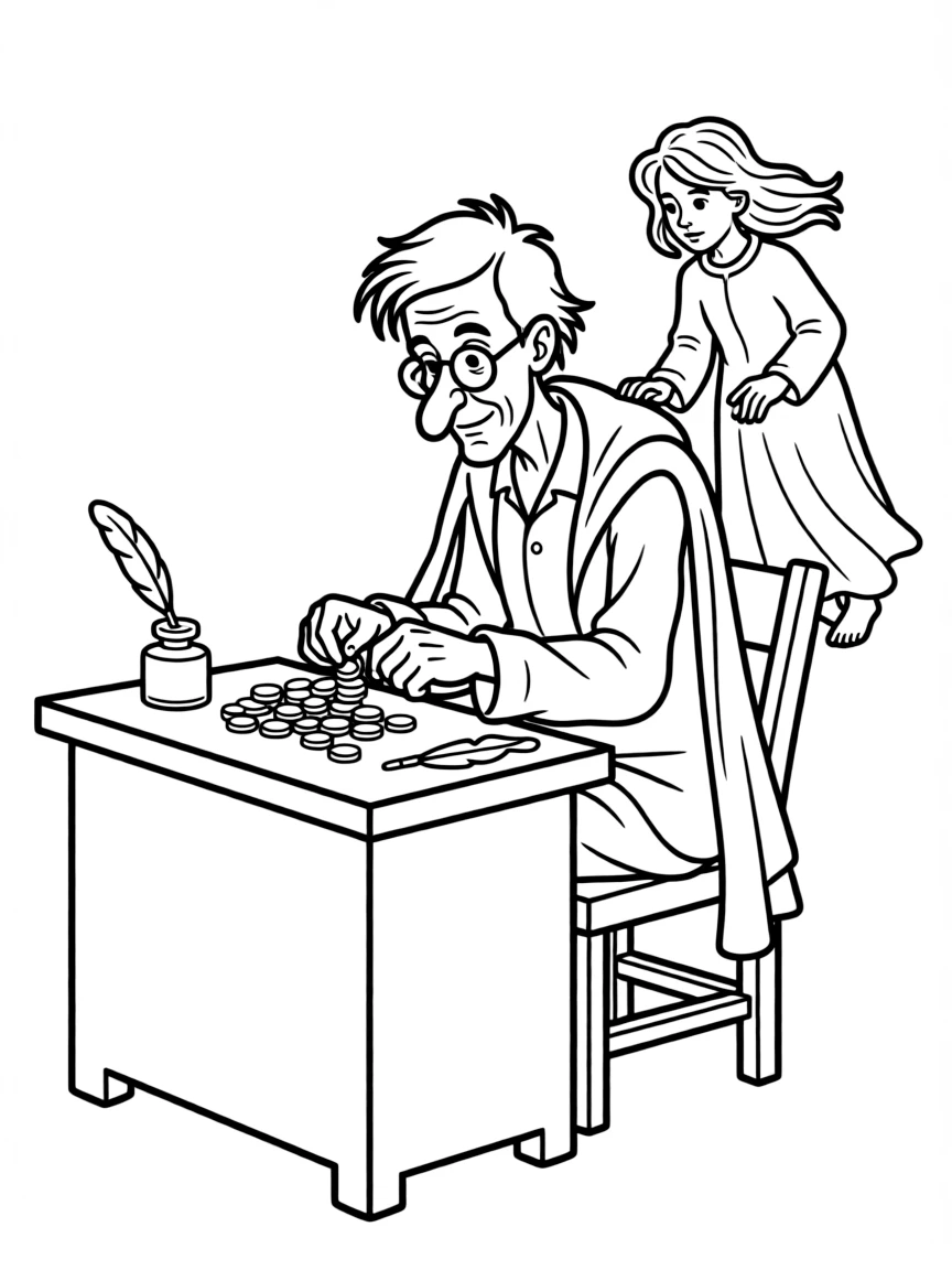 Ebenezer Scrooge counting coins at his desk while the Ghost of Christmas Past hovers nearby