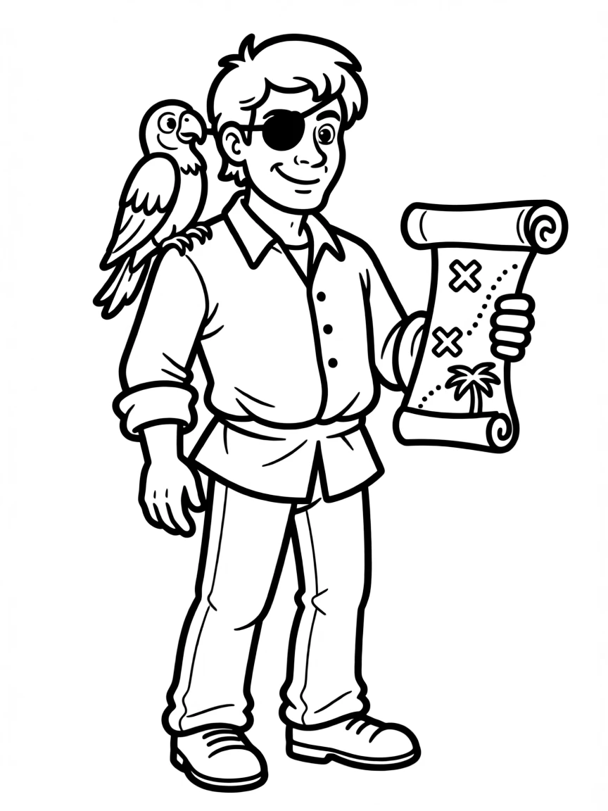 Long John Silver from "Treasure Island" with his parrot on his shoulder and a treasure map in hand