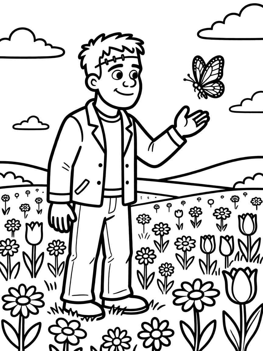 Frankenstein's monster reaching toward a butterfly in a field of flowers