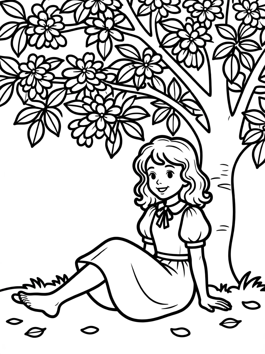 Anne Shirley from "Anne of Green Gables" sitting under a blooming cherry tree