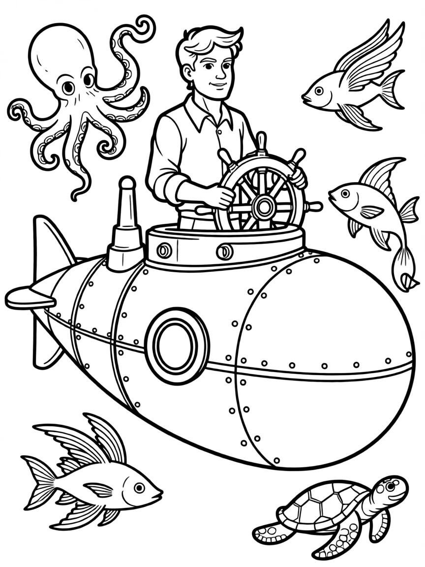 Captain Nemo at the helm of the Nautilus submarine among exotic sea creatures