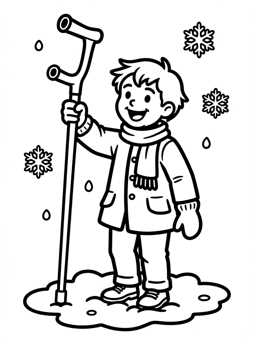 Tiny Tim from "A Christmas Carol" raising his crutch in celebration