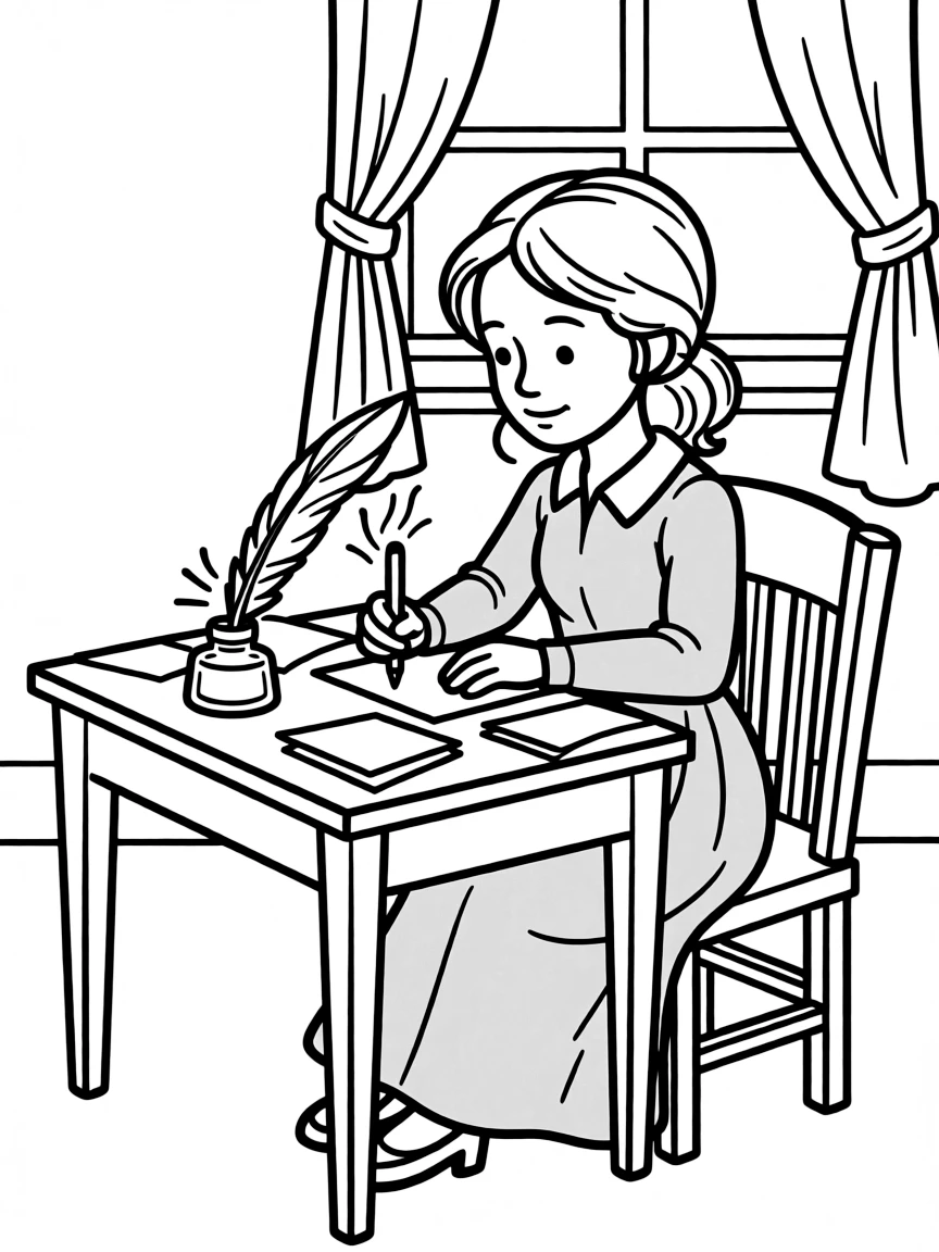 Jo March from "Little Women" writing at her desk with a quill pen and inkwell