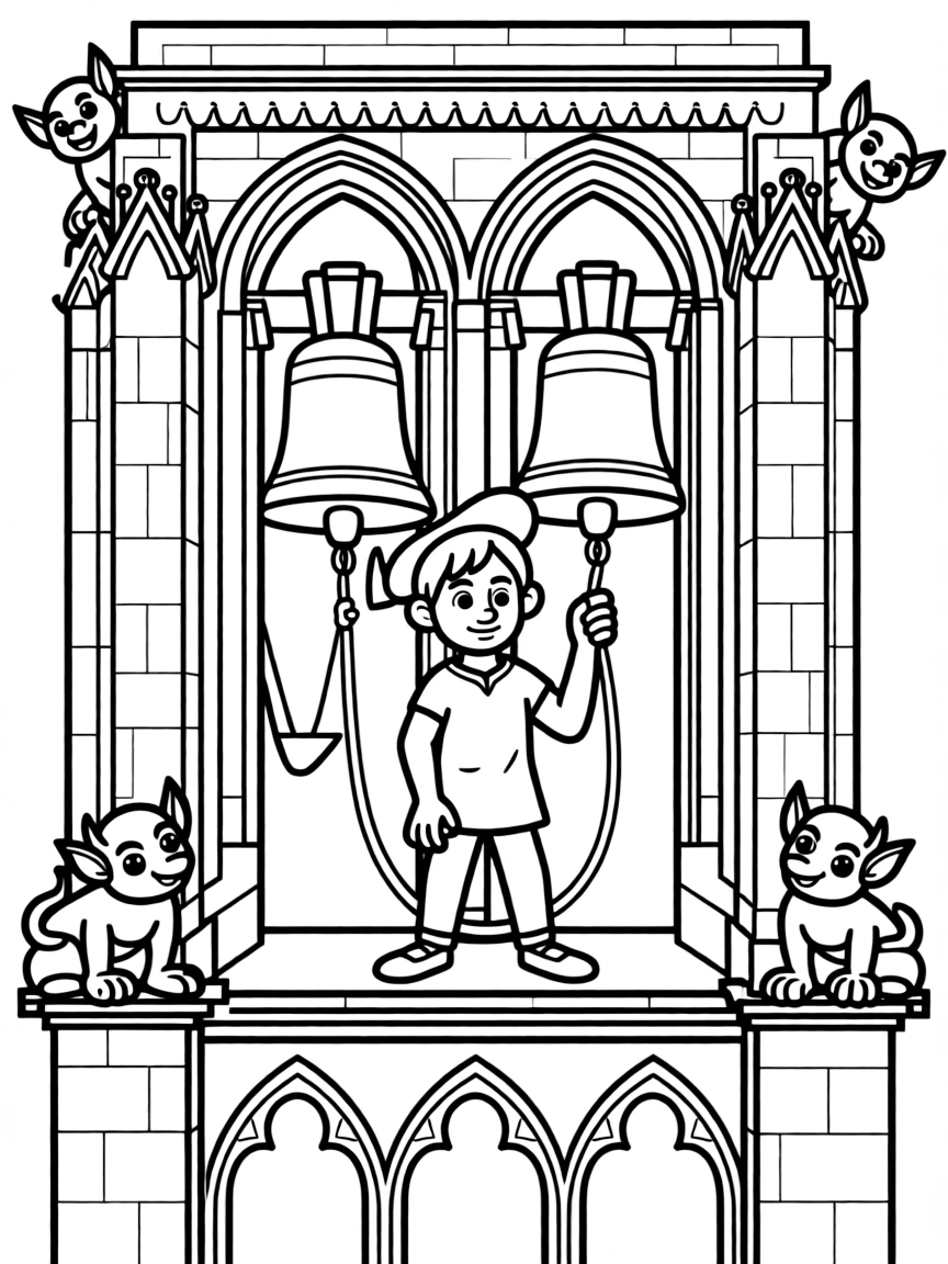 Quasimodo ringing the bells in Notre Dame Cathedral with gargoyles nearby
