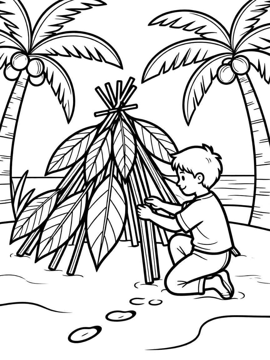 Robinson Crusoe building a shelter on his deserted island with his footprint in the sand