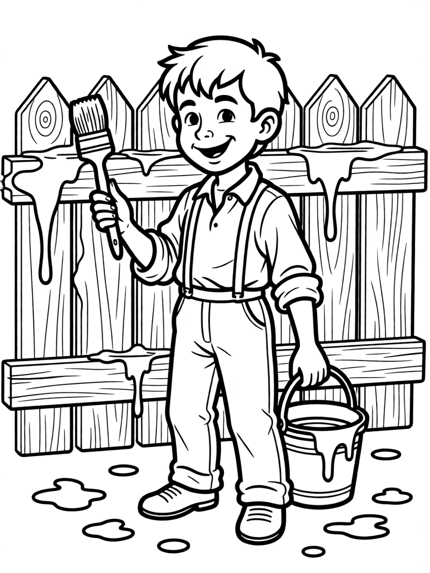 Tom Sawyer whitewashing a fence with a mischievous grin