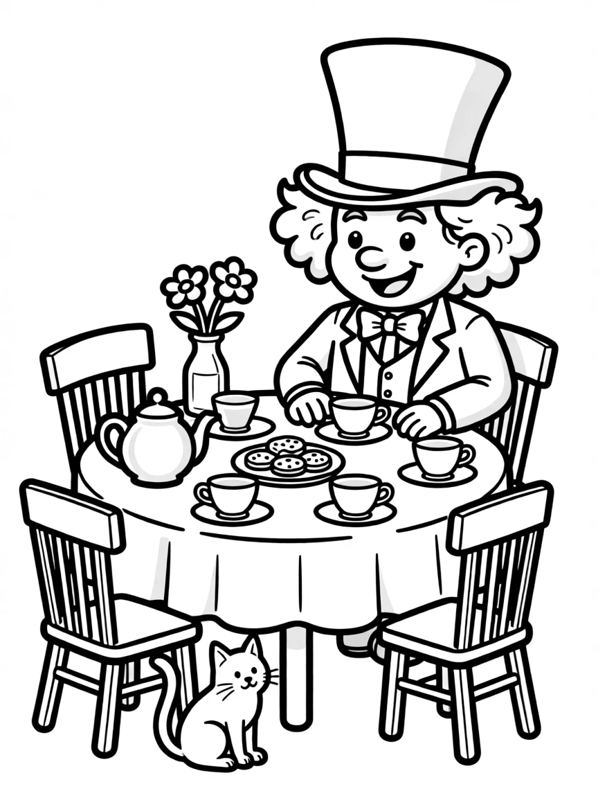 The Mad Hatter hosting a tea party with mismatched teacups and saucers