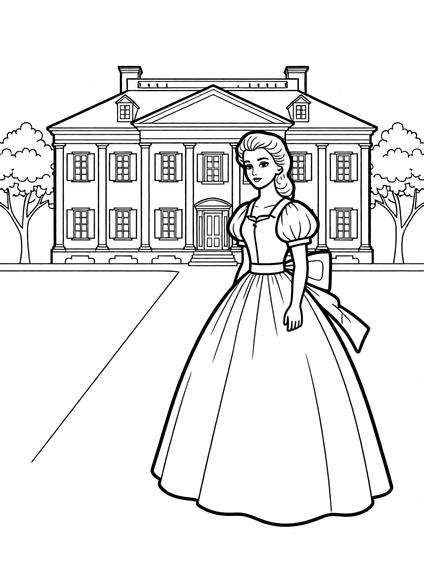 Scarlett O'Hara from "Gone with the Wind" standing in front of Tara plantation