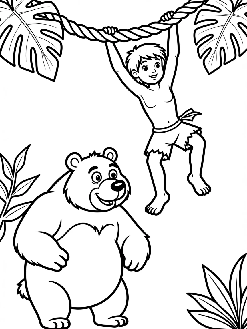 Mowgli from "The Jungle Book" swinging on vines with Baloo the bear watching