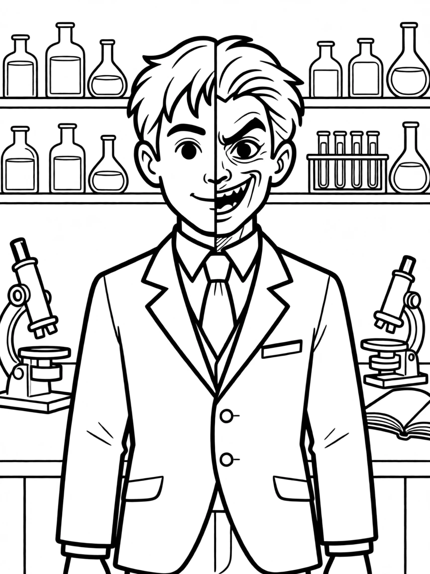 Dr. Jekyll transforming into Mr. Hyde with a laboratory in the background