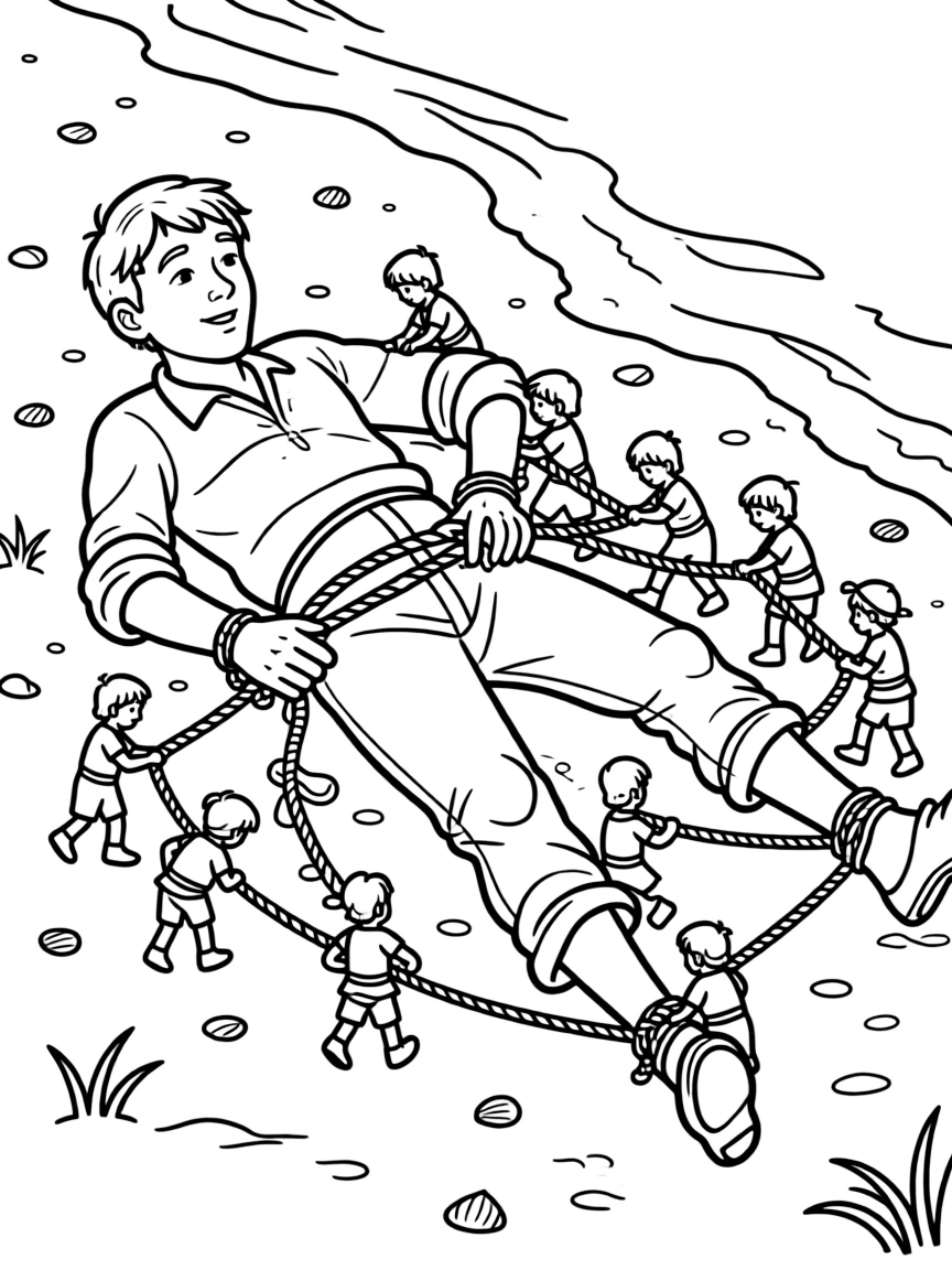 Gulliver tied down by tiny Lilliputians on the beach