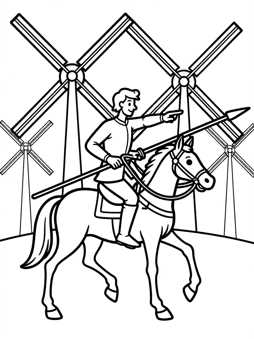Don Quixote charging at windmills on his horse Rocinante