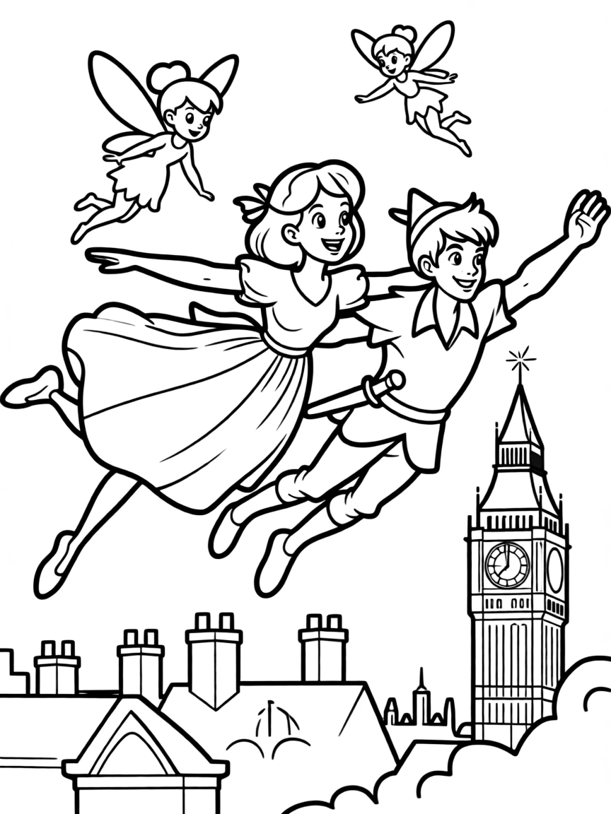 Wendy Darling flying over London with Peter Pan and Tinker Bell