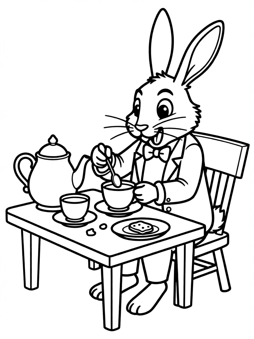 The March Hare from "Alice in Wonderland" frantically stirring tea