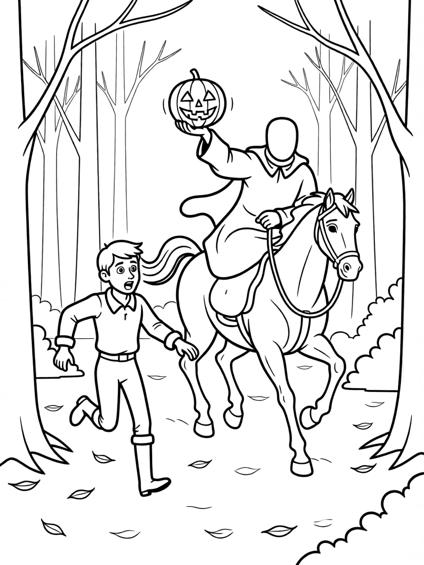 Ichabod Crane being chased by the Headless Horseman through a dark forest