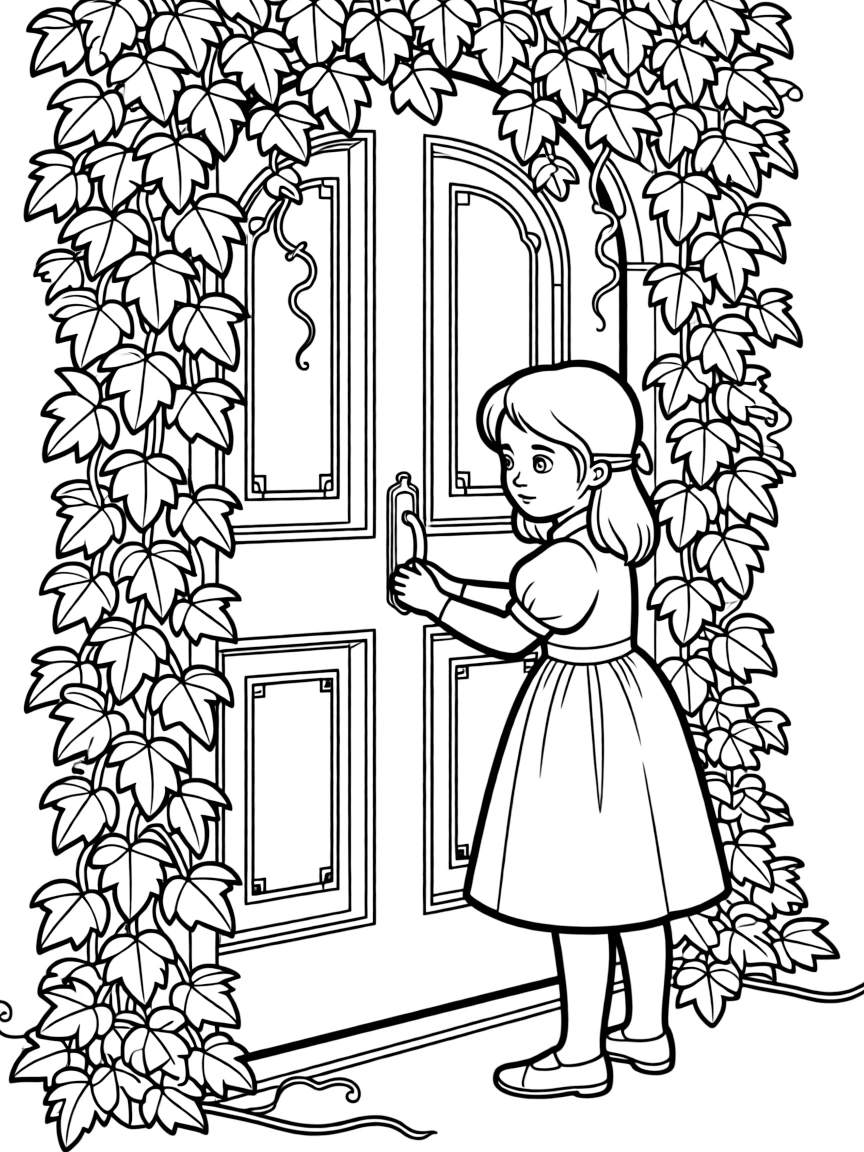 Mary Lennox from "The Secret Garden" pushing open an ivy-covered door