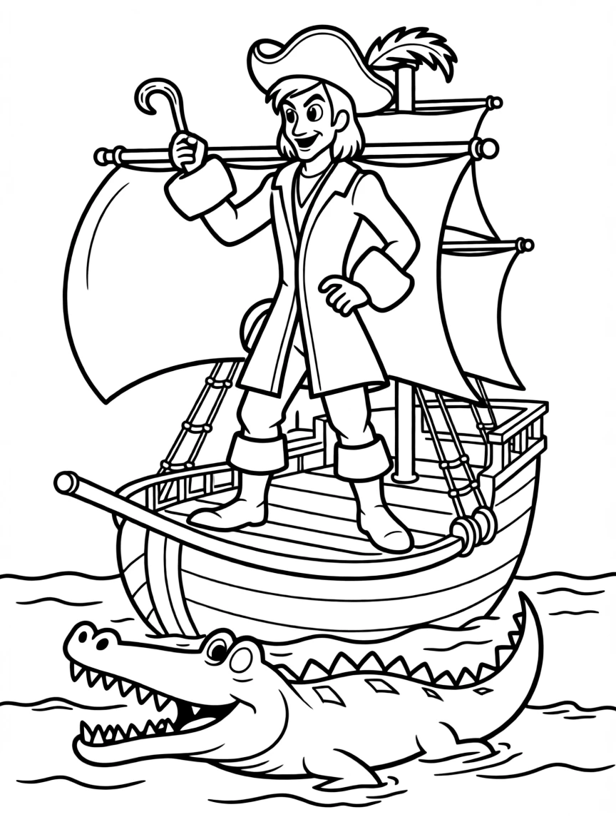 Captain Hook from "Peter Pan" aboard his pirate ship with a crocodile in the water below