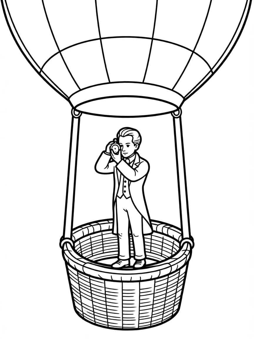 Phileas Fogg from "Around the World in 80 Days" checking his pocket watch in a hot air balloon