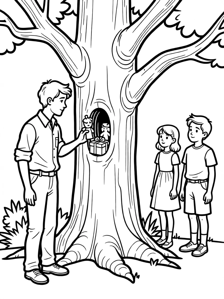 Boo Radley leaving gifts in the tree knothole for Scout and Jem