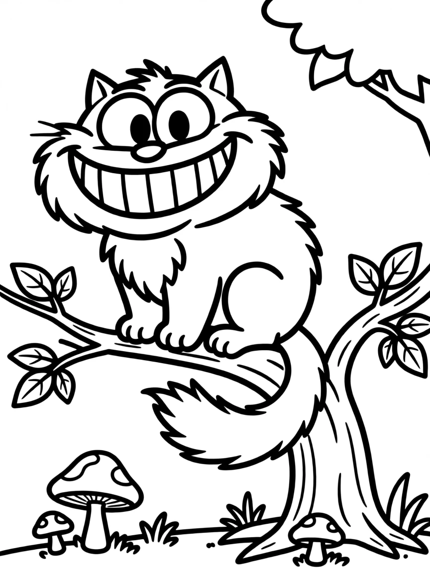 The Cheshire Cat perched on a tree branch with its famous grin
