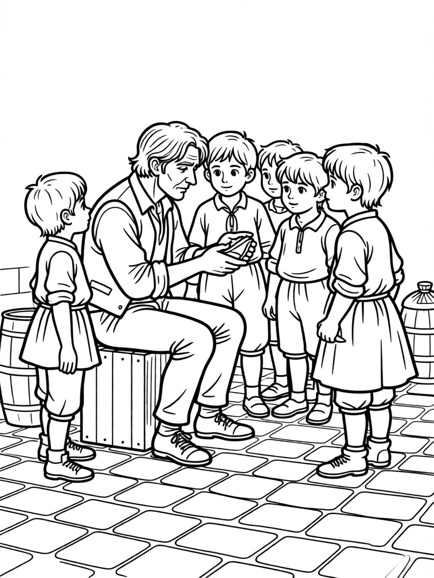 Fagin from "Oliver Twist" teaching pickpocketing to his gang of children