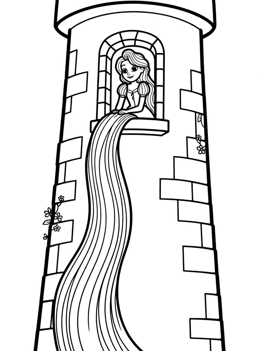 Rapunzel letting down her long hair from her tower window