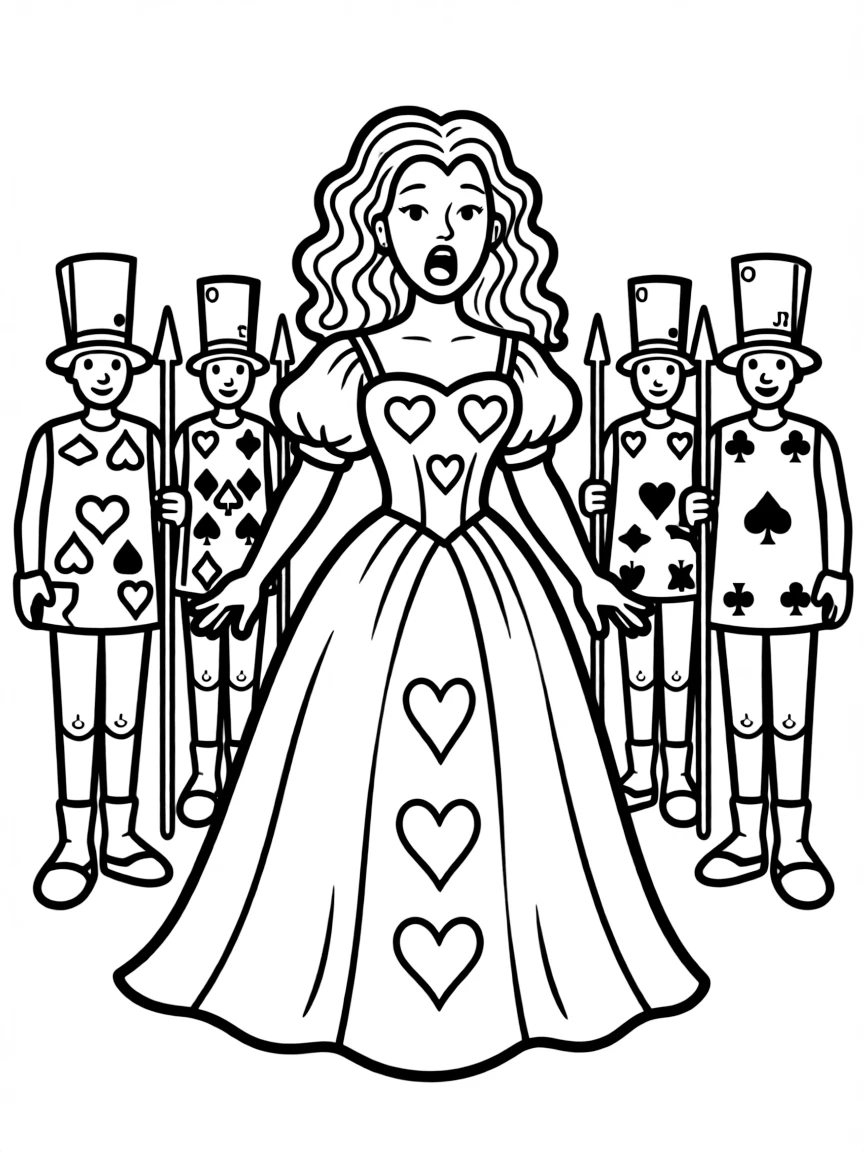 The Queen of Hearts yelling "Off with their heads!" surrounded by playing card guards